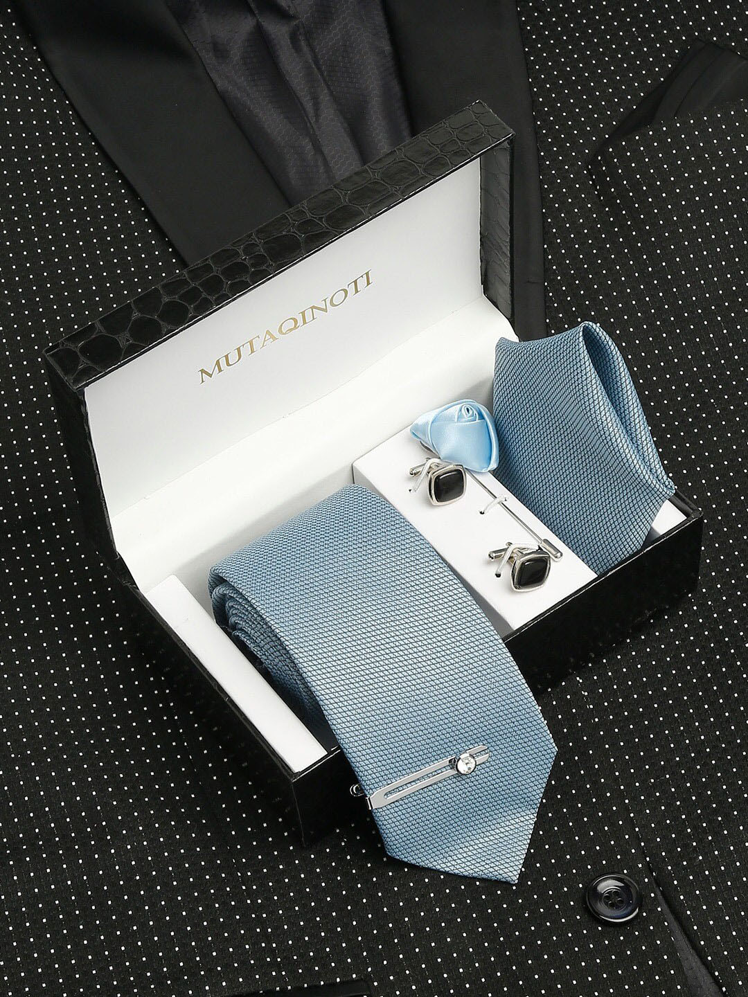 MUTAQINOTI Men Light Blue Silk Necktie Accessory Gift Set