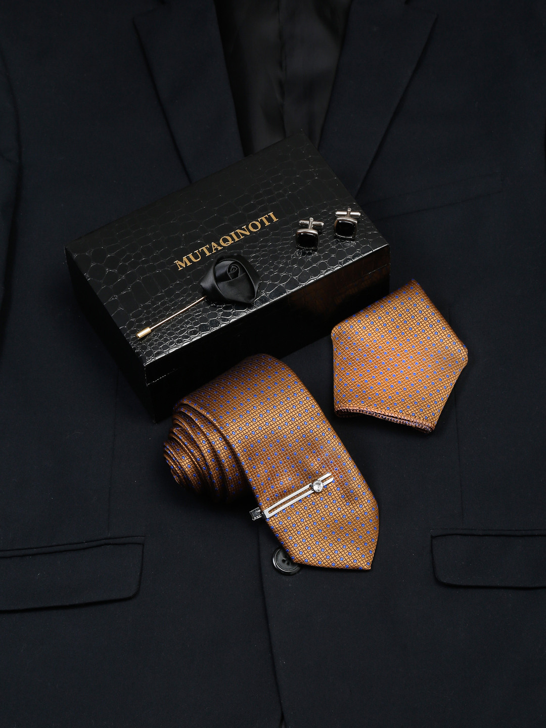 MUTAQINOTI Men Turquoise Blue Silk Necktie Accessory Gift Set