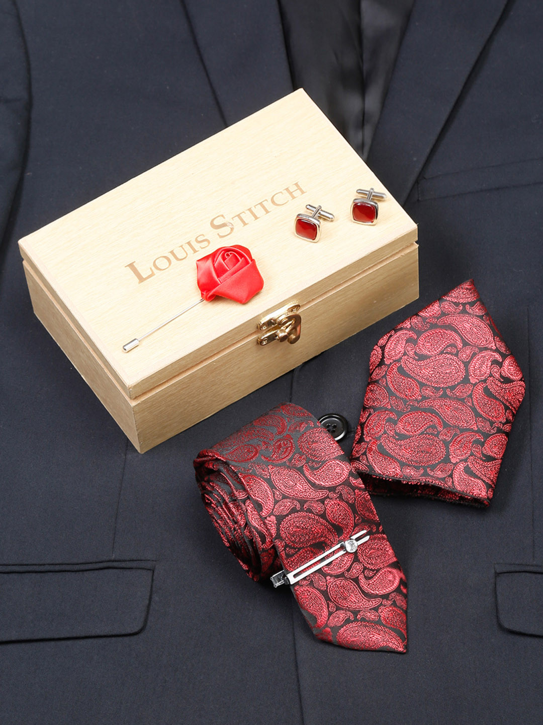 LOUIS STITCH Men Wine Red Italian Silk Necktie Accessory Gift Set