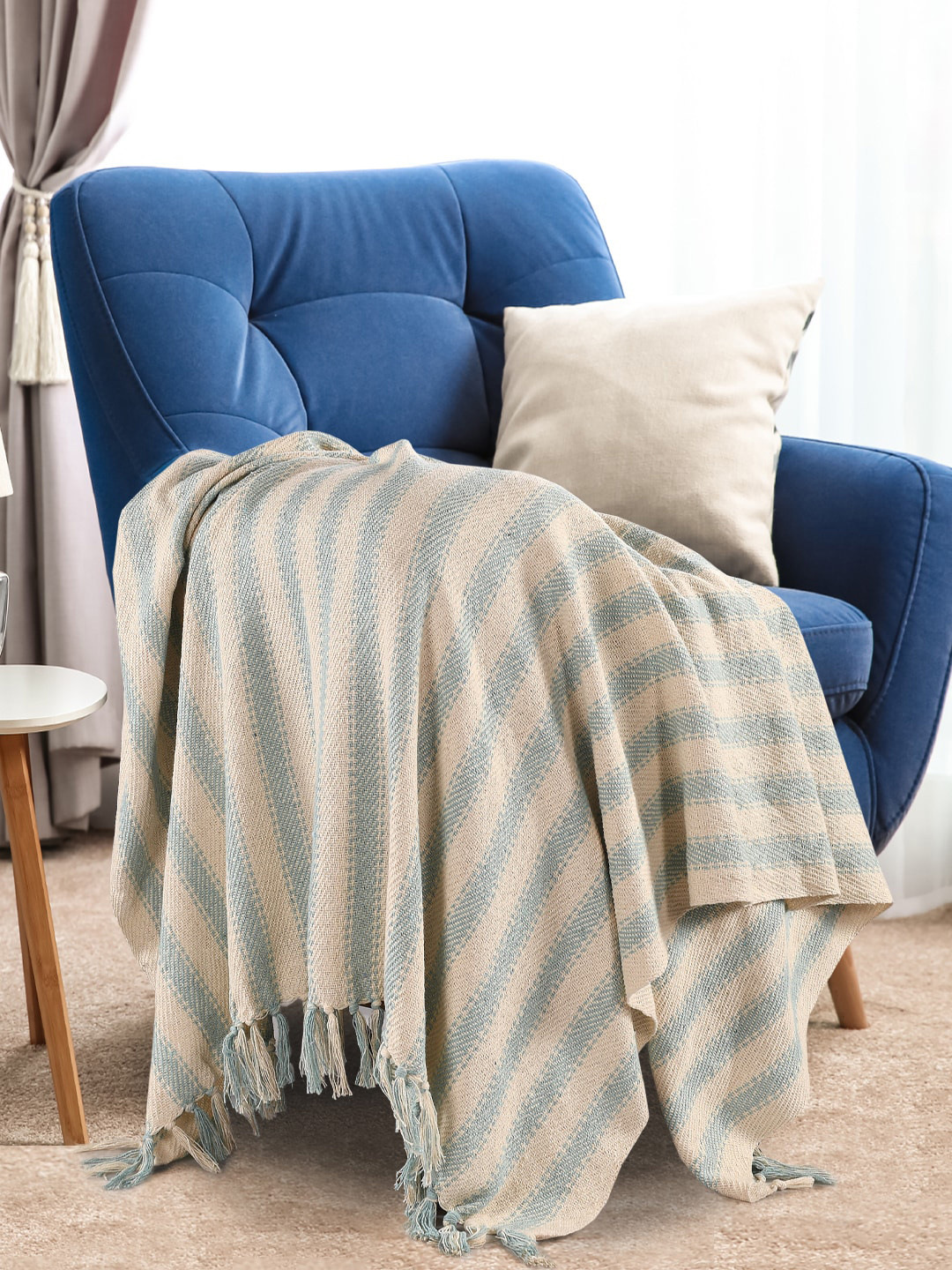 SASHAA WORLD Blue & Beige Striped Pure Cotton Blanket