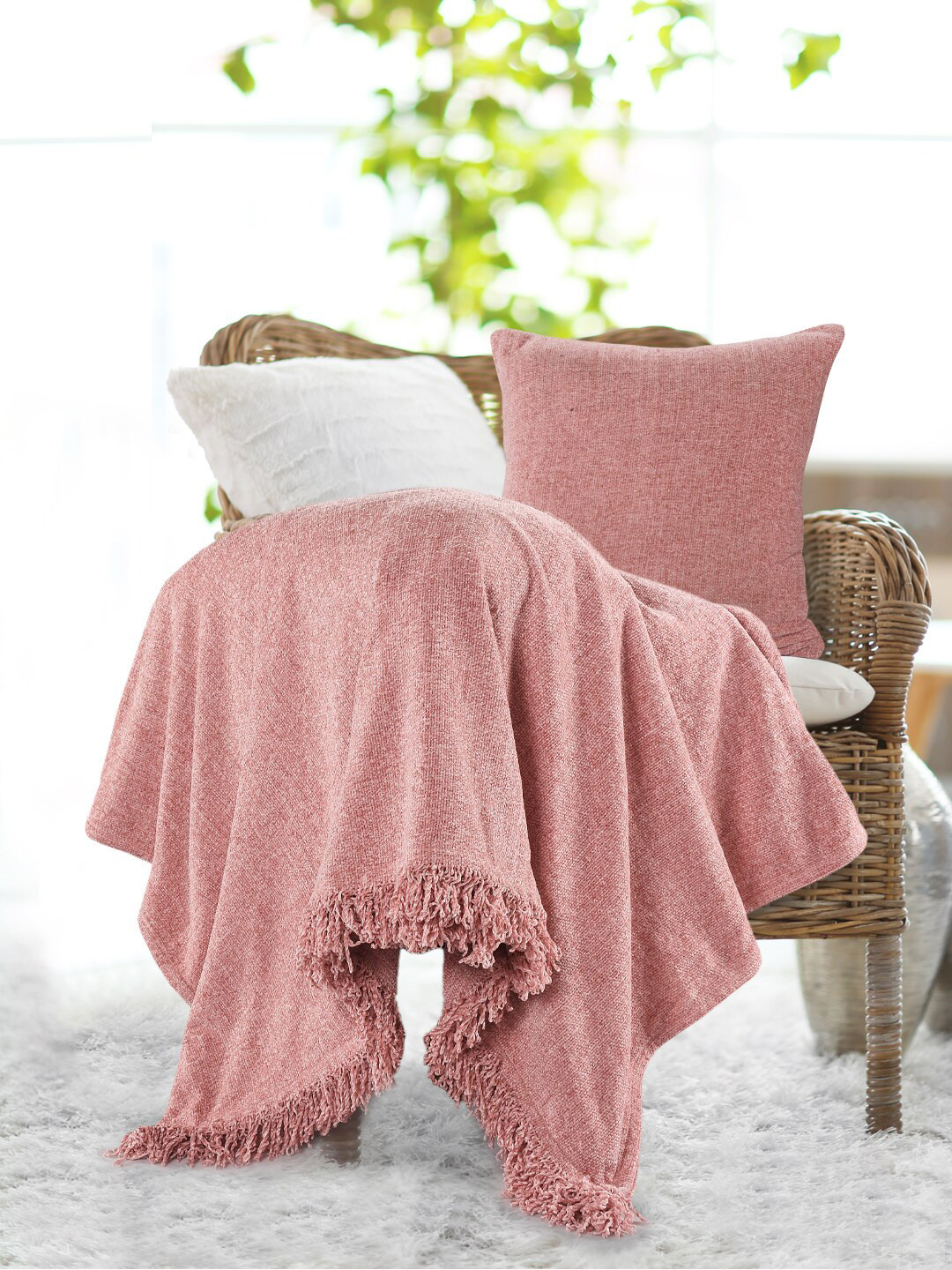 SASHAA WORLD Pink Self-Design Cotton Blanket Throws With Cushion
