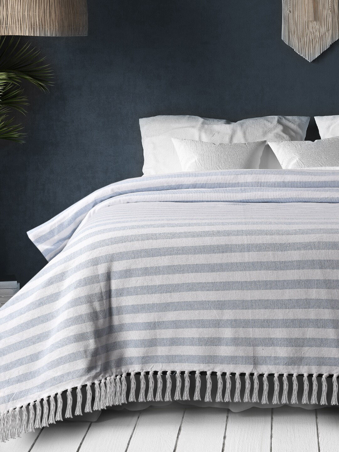 SASHAA WORLD Blue & White Striped Cotton Blanket Throws