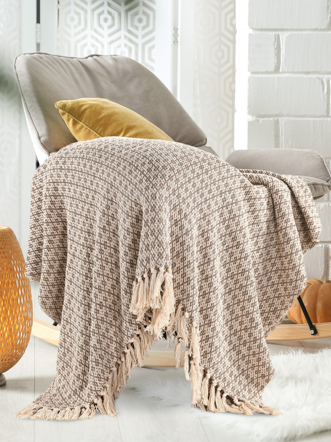 SASHAA WORLD Beige & Brown Woven Geometric-Design Pure Cotton Throw