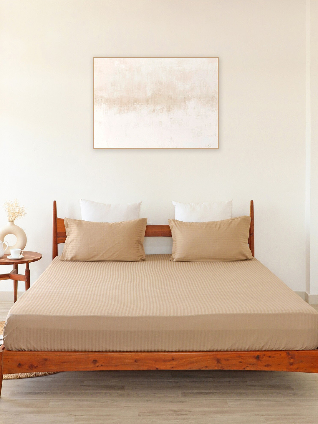 HOMEMONDE Taupe Striped Cotton 300 TC Fitted King Fine Bedsheet with 2 Pillow Covers-90 x 100 inches