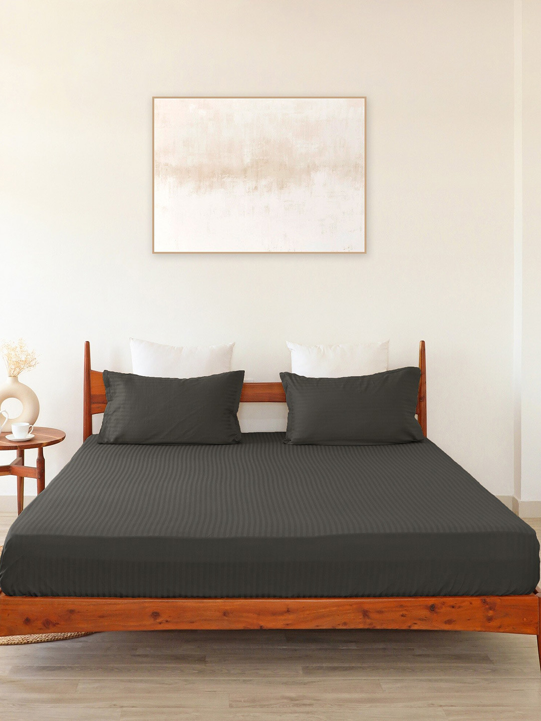 HOMEMONDE Grey Striped Cotton 300 TC Fitted Queen Fine Bedsheet with 2 Pillow Covers-78 x 72 inches