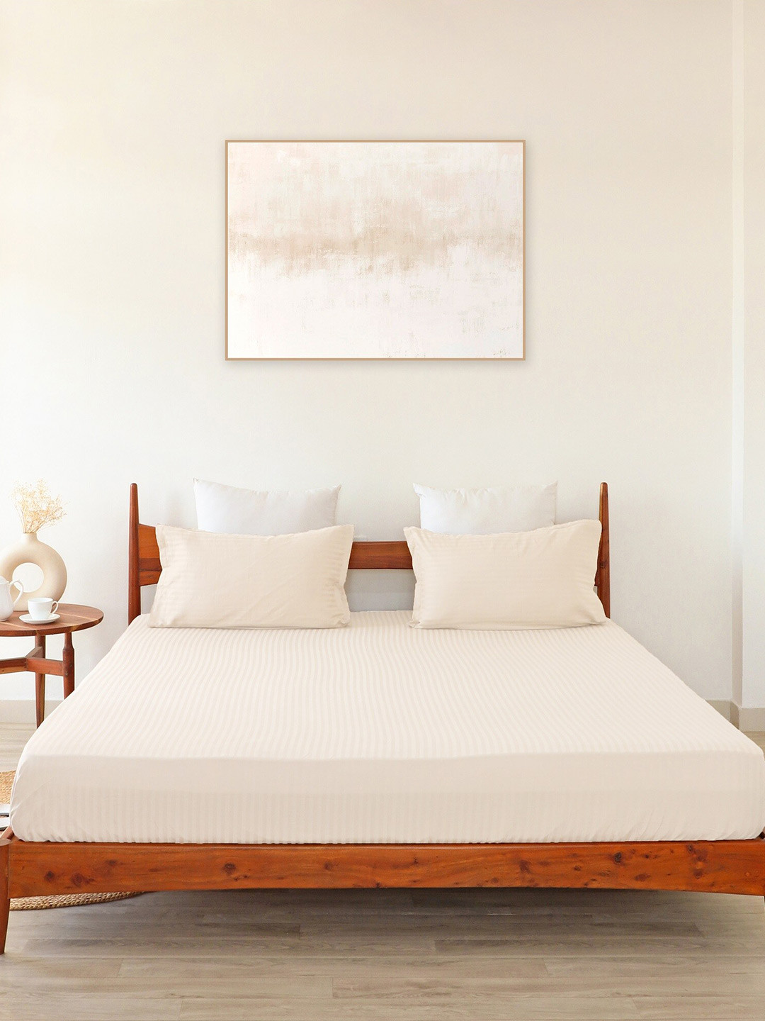 HOMEMONDE White Striped Cotton 300 TC Fitted King Fine Bedsheet with 2 Pillow Covers-90 x 100 inches