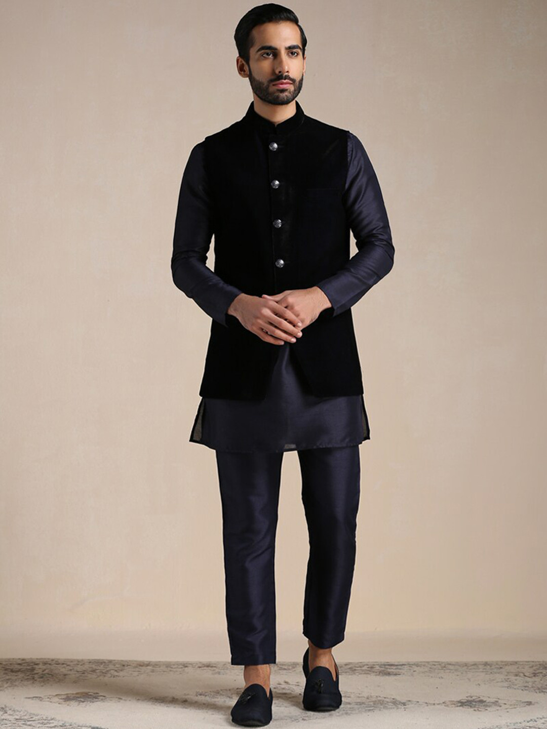 Manyavar Embellished Velvet Indo Western Sherwani Set