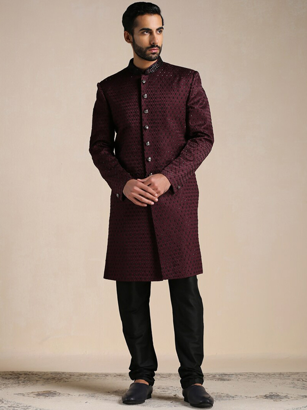 Manyavar Men Maroon Sherwani with Pyjamas