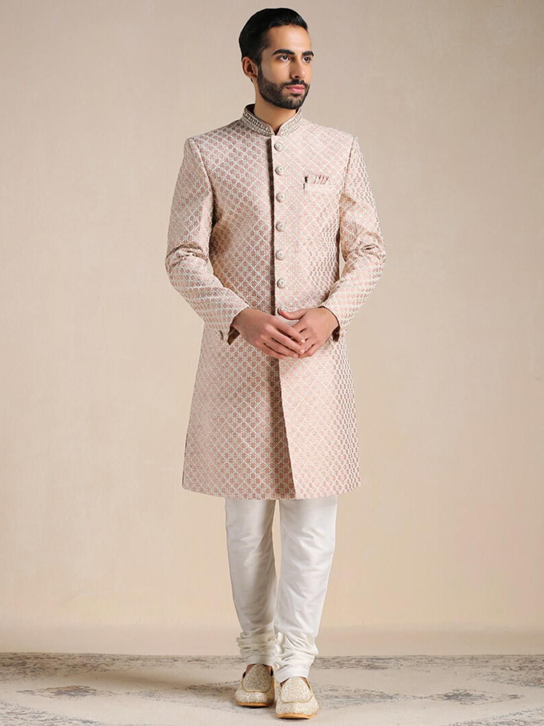 Manyavar Men Art Silk All Over Self Design Sherwani & Churidar Set