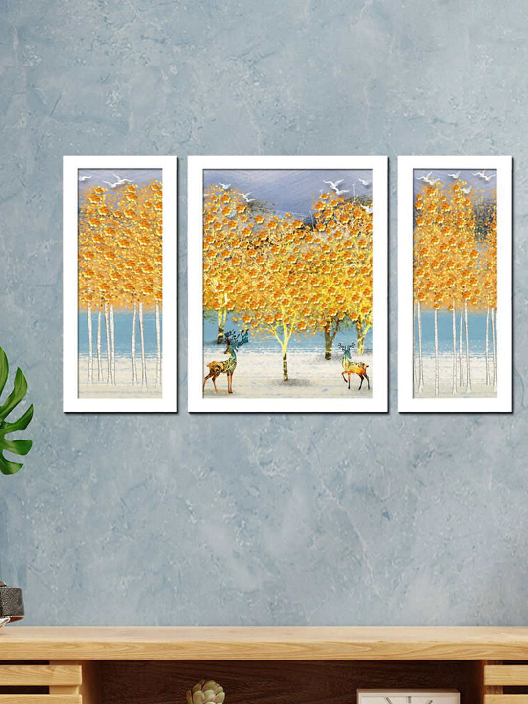 WENS Reindeer With Flower Canvas 3 Piece Wall Rectangle Paintings Wall Art