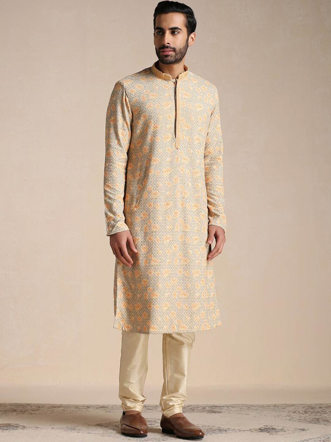 Manyavar Men Green Printed Full Sleeves Kurta With Churidar