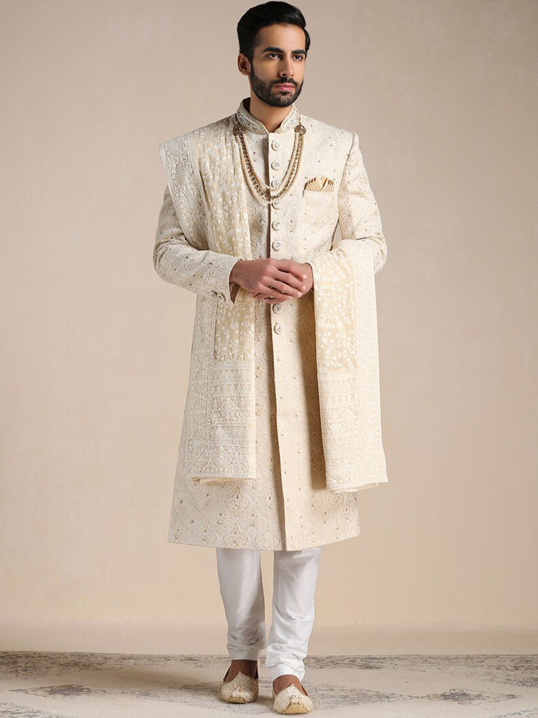 Manyavar Self Design Full Sleeve Sherwani Churidar Set