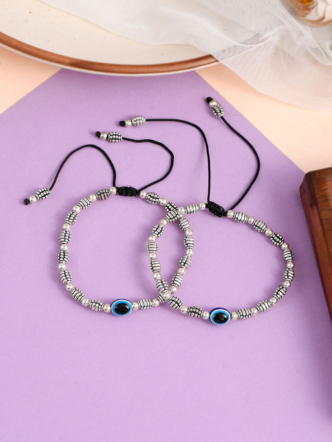 Silvermerc Designs Set Of 2 Evil Eye Oxidised Anklets