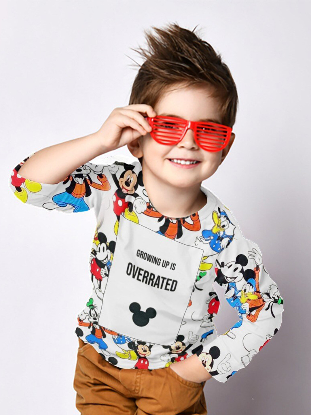 BONKIDS Boys White Mickey Mouse Printed V-Neck T-shirt