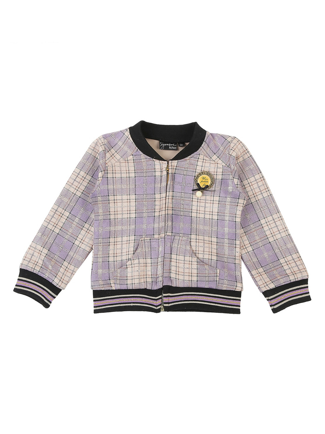 Actuel Girls Geometric Checked Pure Cotton Bomber with Patchwork Jacket