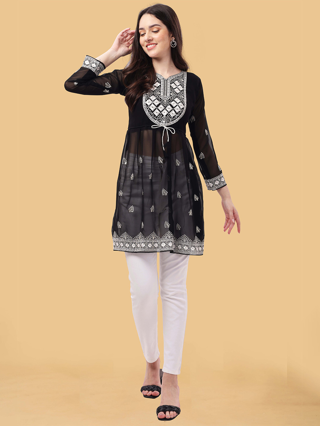 WEAVETECH IMPEX Woman Heavy Embroderied & Sequin Work Georgette Longline Top