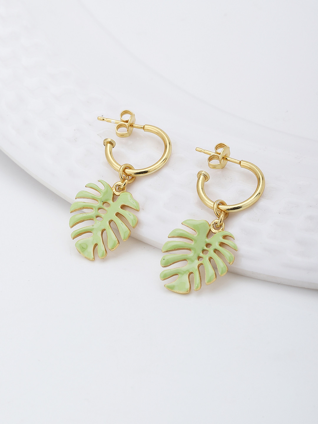 Carlton London Gold-Toned & Green Leaf Shaped Half Hoop Earrings