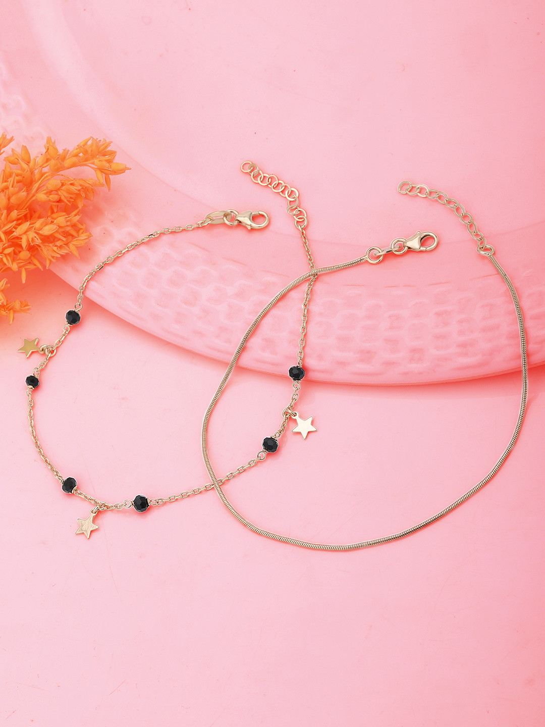 Carlton London Set of 2 Rose Gold Plated with Glass Bead and Star Charm Mismatch Anklet