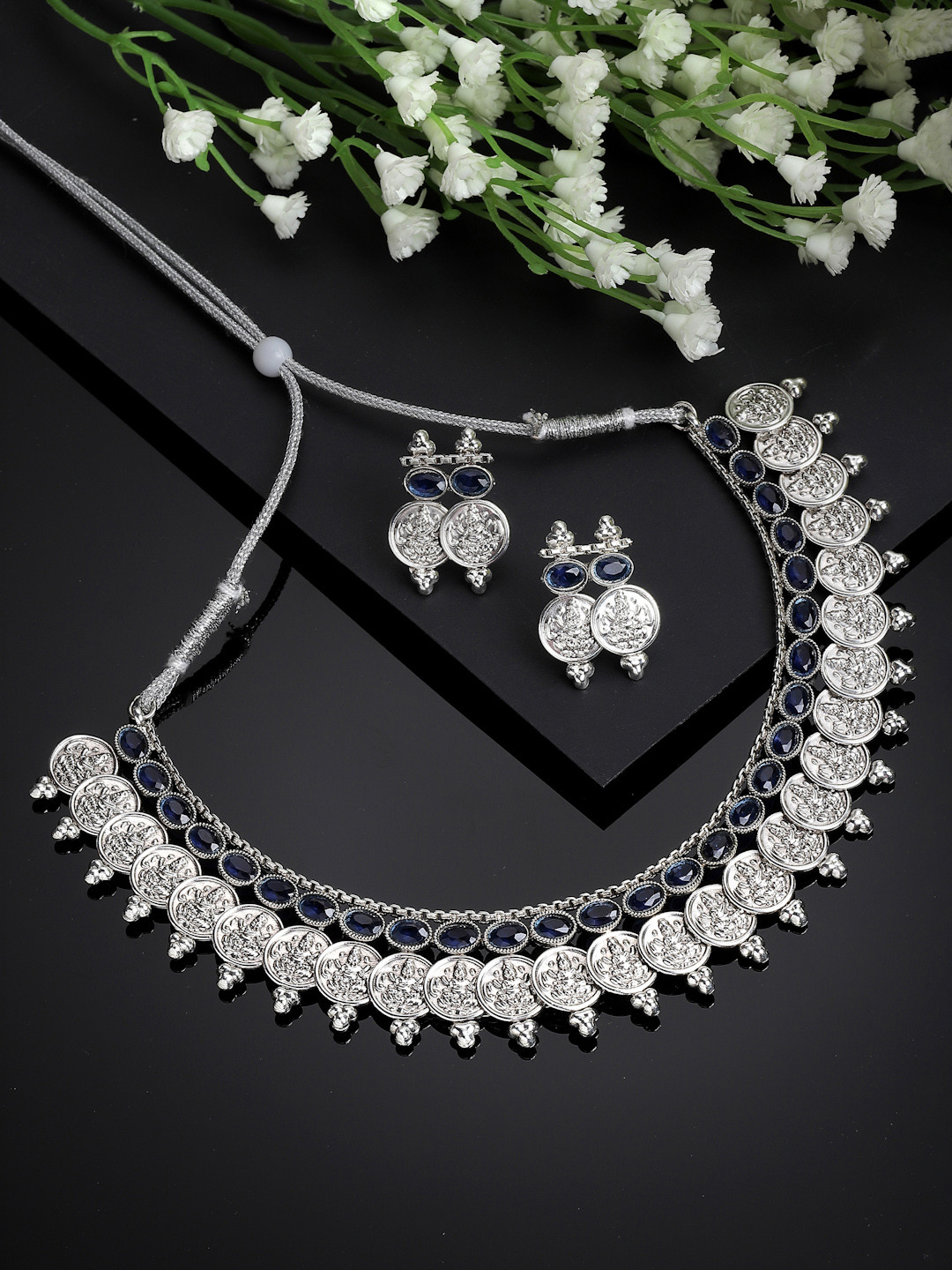 ZENEME Oxidised Silver Toned & Blue Cubic Zirconia-Studded & Temple Coin Jewellery Set