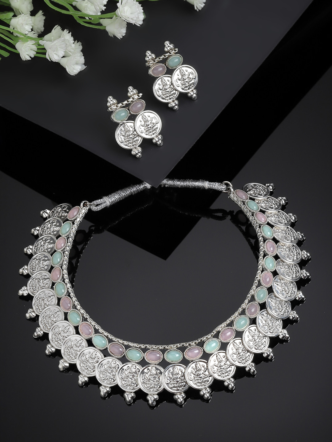 ZENEME Oxidised Silver-Plated & Pearl-Studded & Temple Coin Jewellery Set