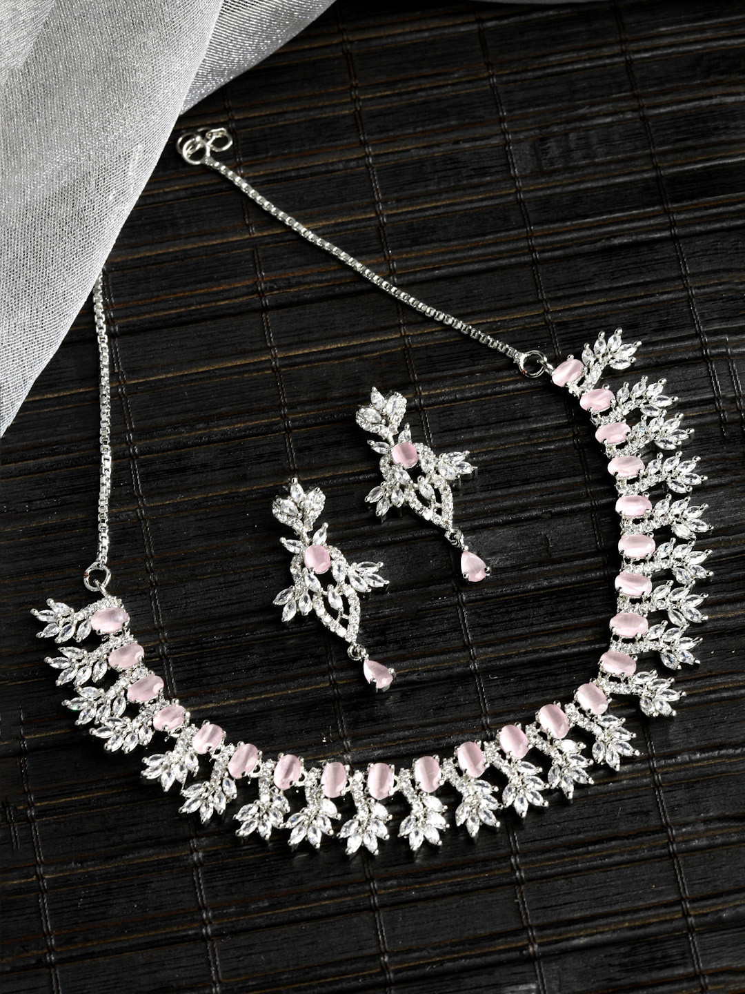 ZENEME Rhodium-Plated AD Studded Statement Necklace Set