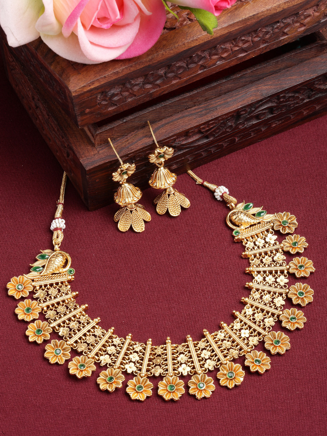 ZENEME Gold-Plated Traditional Pearl Studded Jewellery Set