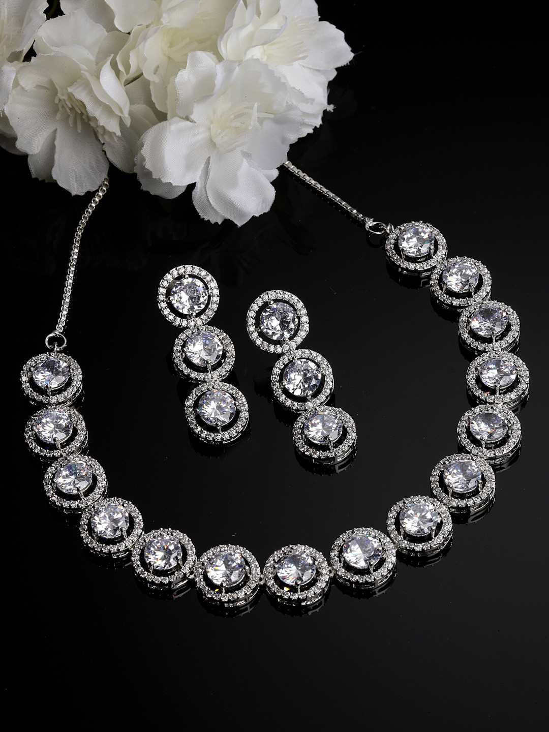 ZENEME Rhodium Plated White Round Ad-Studded Jewellery Set
