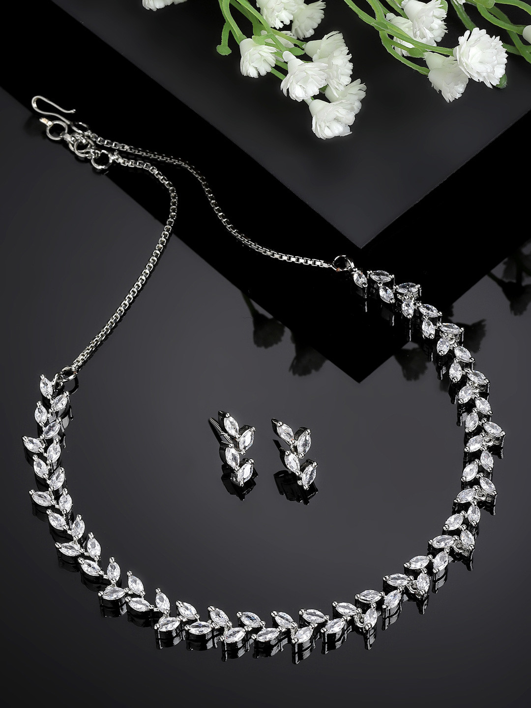 ZENEME Rhodium-Plated Silver-Toned AD Studded Leaf Shaped Jewellery Set