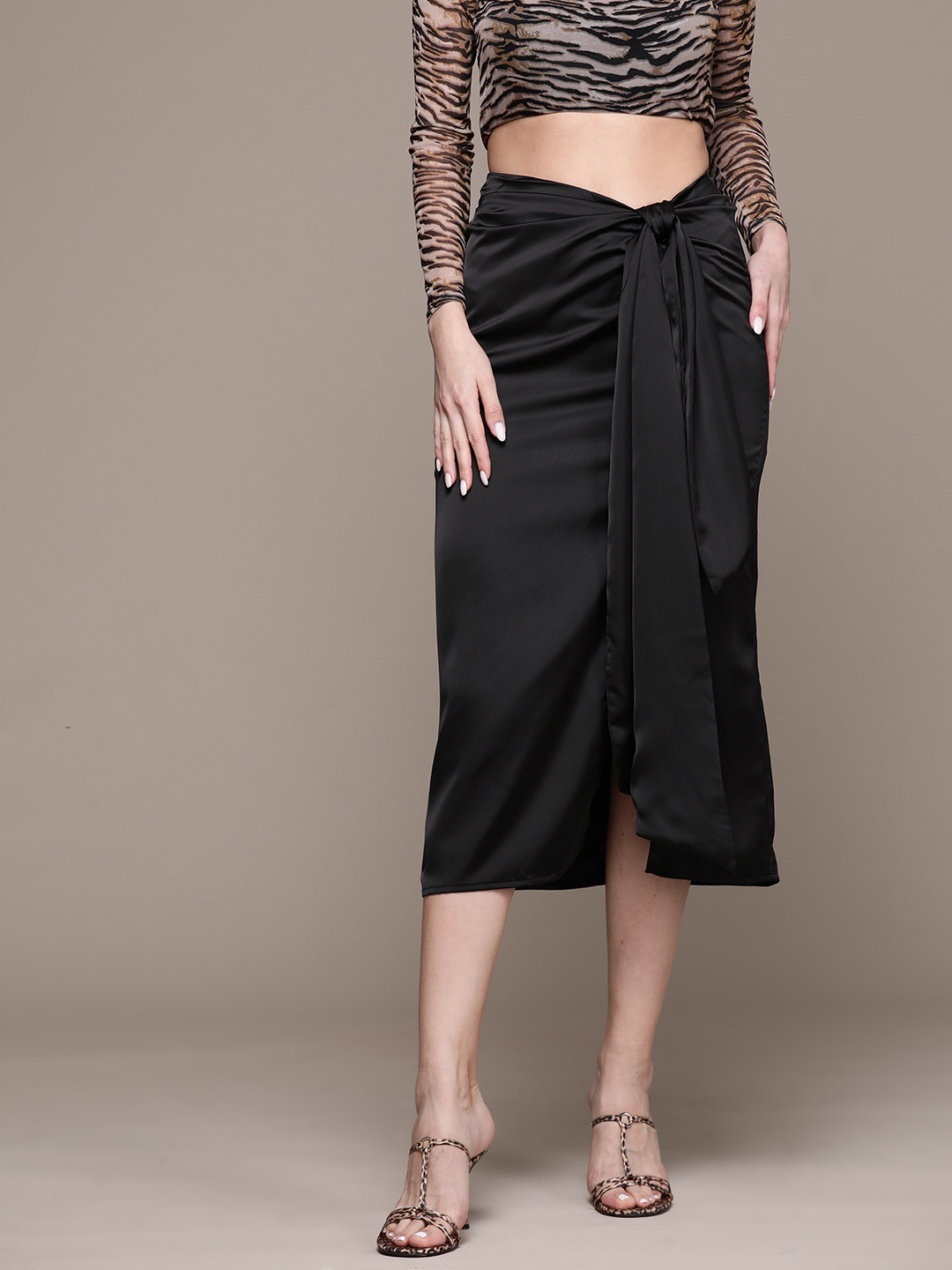 bebe Soft Romance Satin Finish Side Slit Tie-Up Detail Straight Skirt