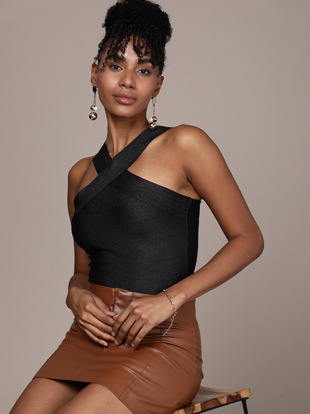 bebe Halter Shoulder Strap Fitted Embellished Top With Back Zip Closure