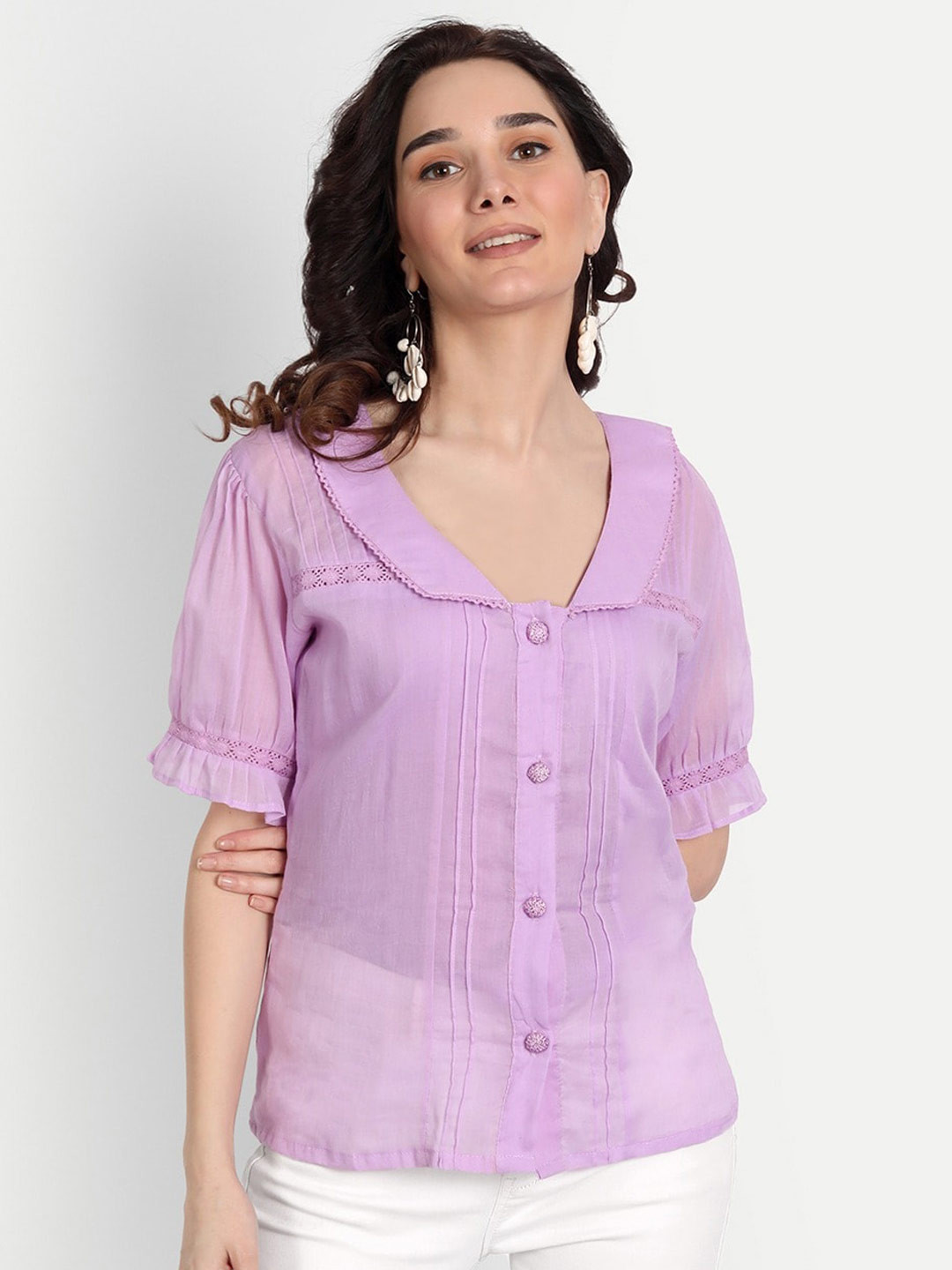 KAPASRITI Woman Pleated Lace Shirt Collar Top