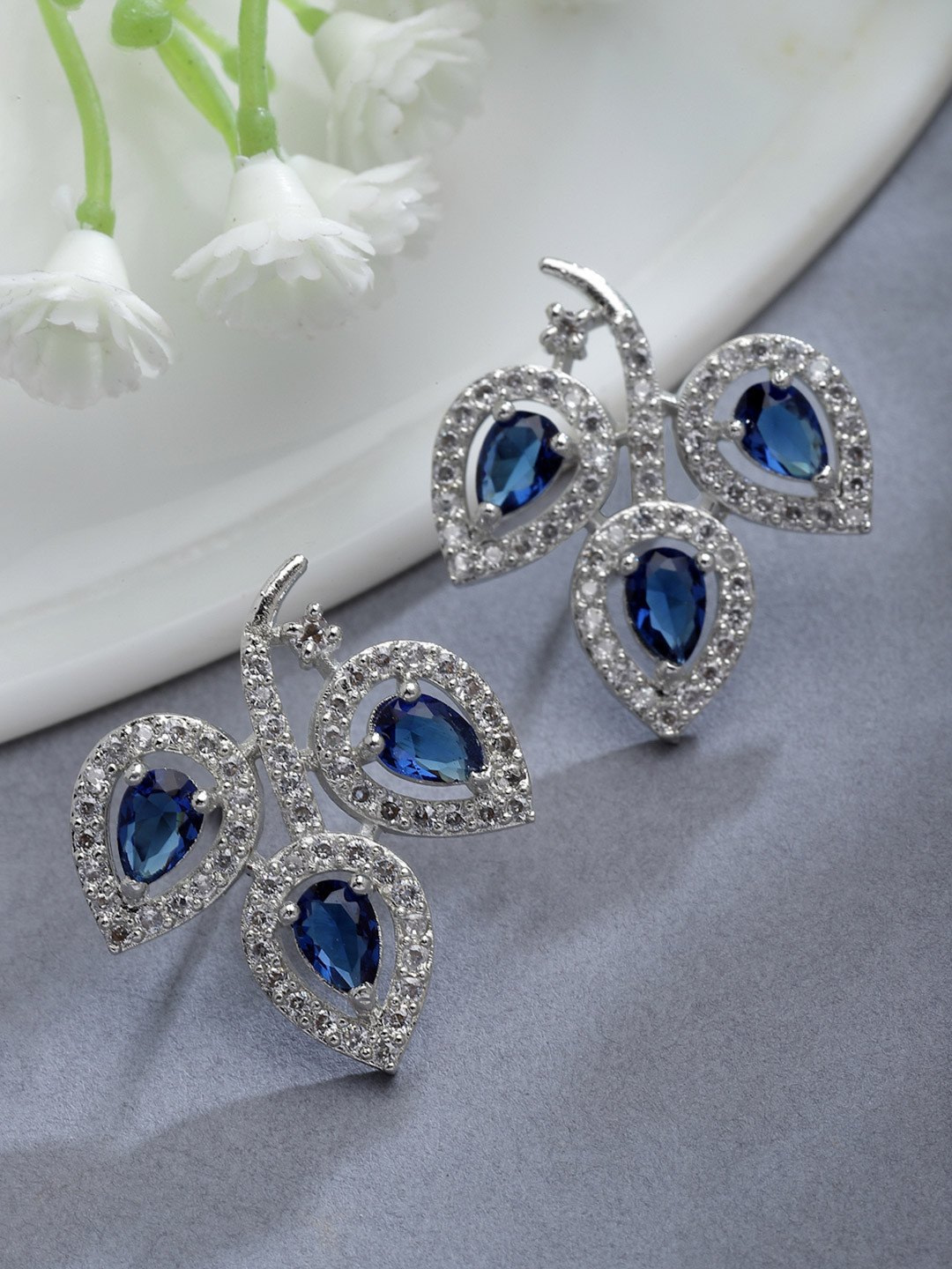 ZENEME Rhodium-Plated American Diamond Leaf Shaped Studs Earrings