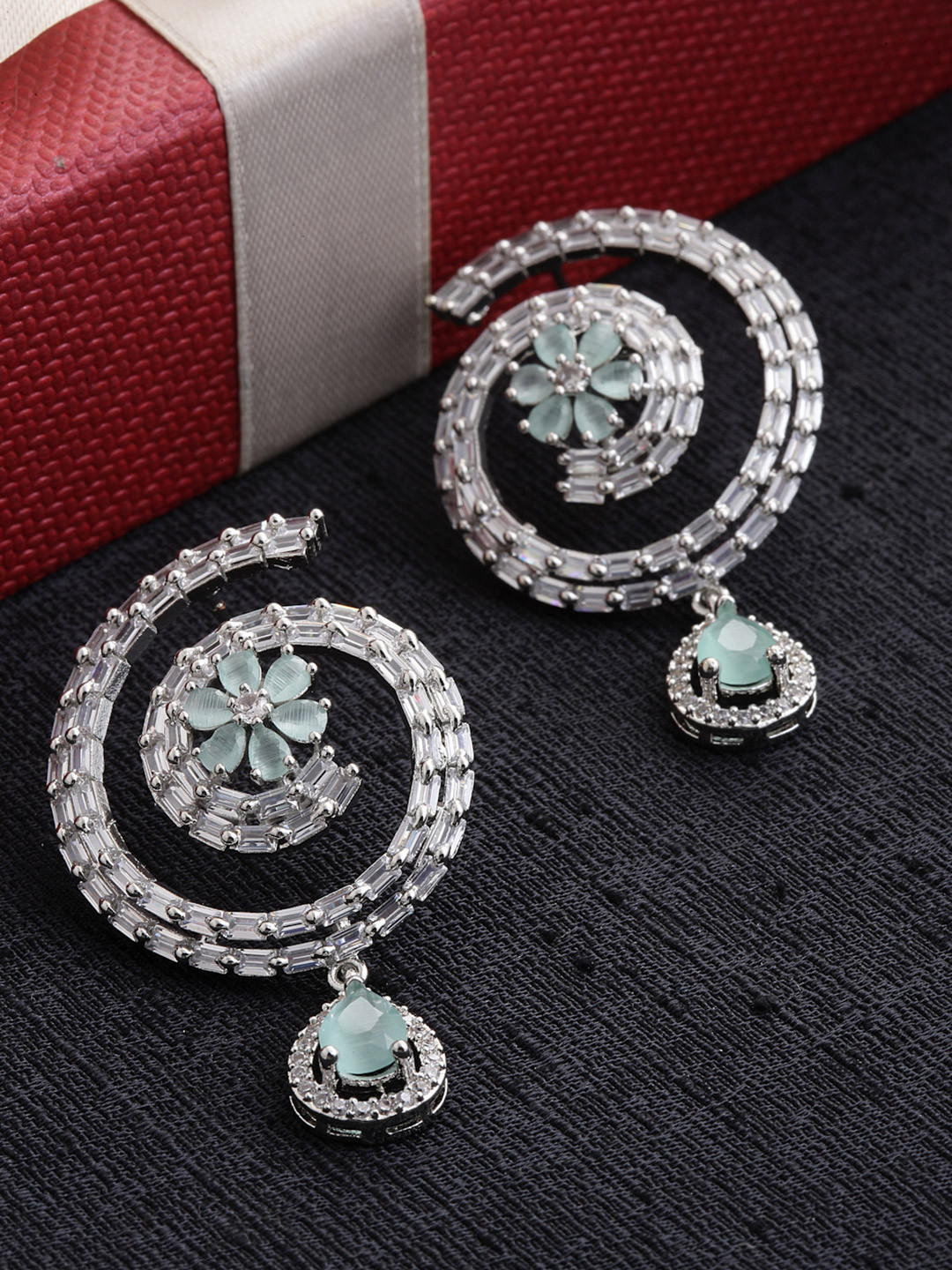 ZENEME Rhodium-Plated American Diamond Circular Drop Earrings