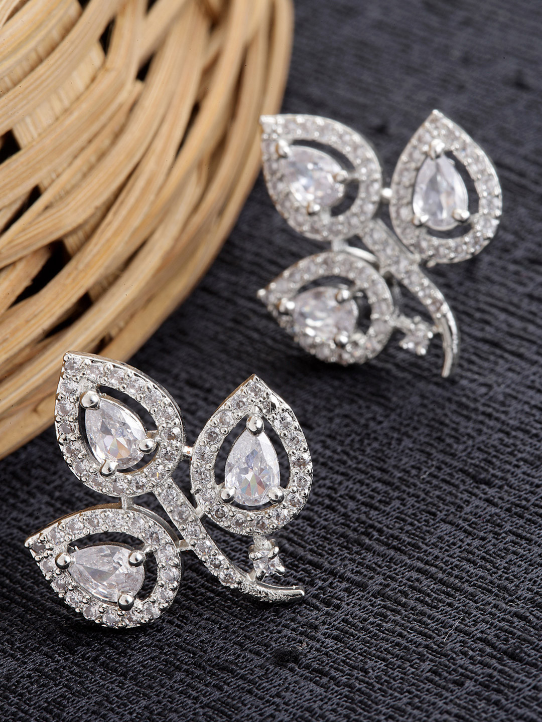 ZENEME Rhodium-Plated American Diamond Leaf Shaped Studs Earrings