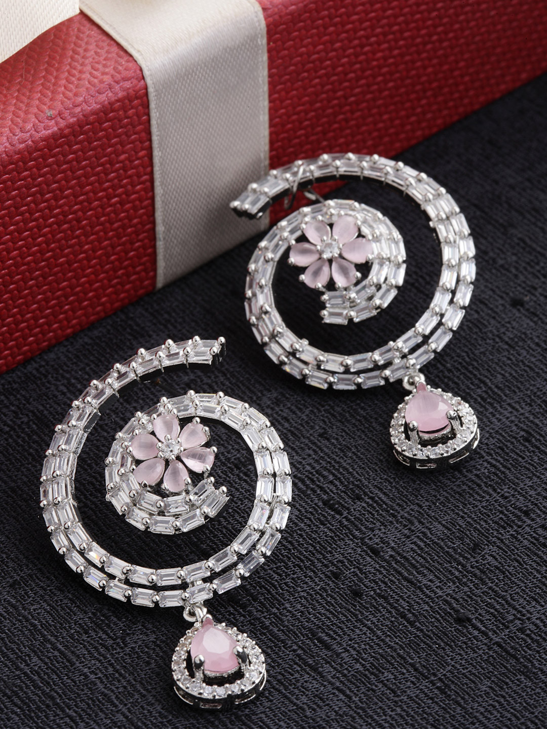 ZENEME American Diamond Studded Rhodium-Plated Circular Drop Earrings