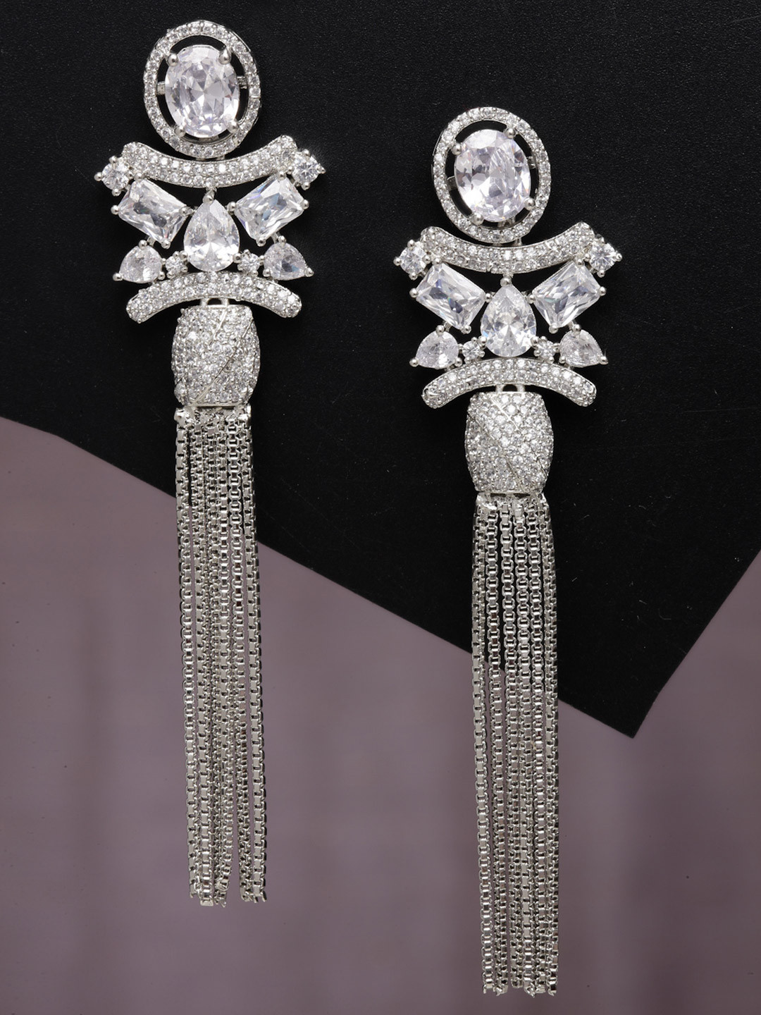 ZENEME Rhodium Plated American Diamond Studded Dangler Earrings