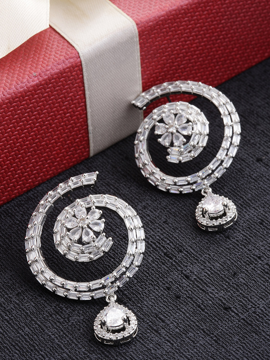 ZENEME Rhodium-Plated American Diamond Circular Drop Earrings