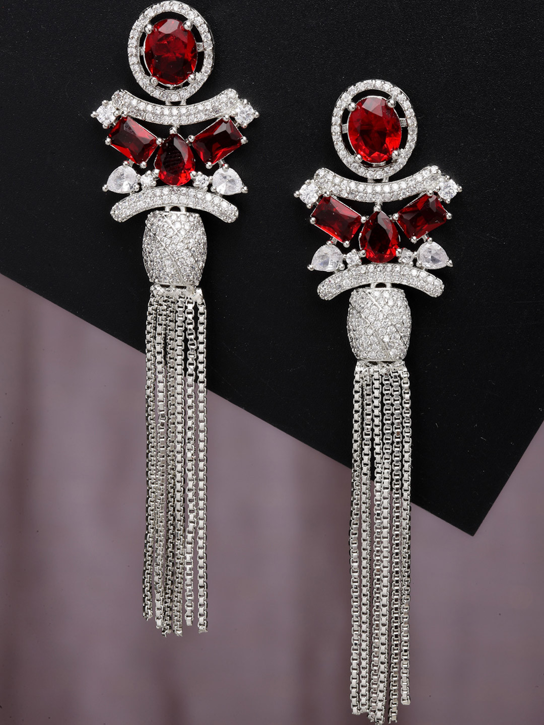ZENEME Rhodium Plated American Diamond Studded Dangler Earrings