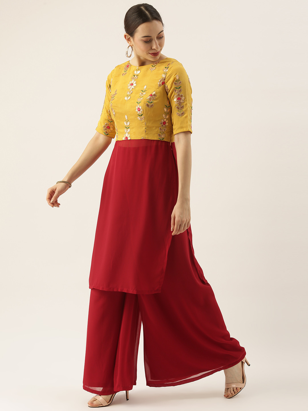 Ethnovog Ready To Wear Yellow Embroidered Chinon N Maroon Kurta Set