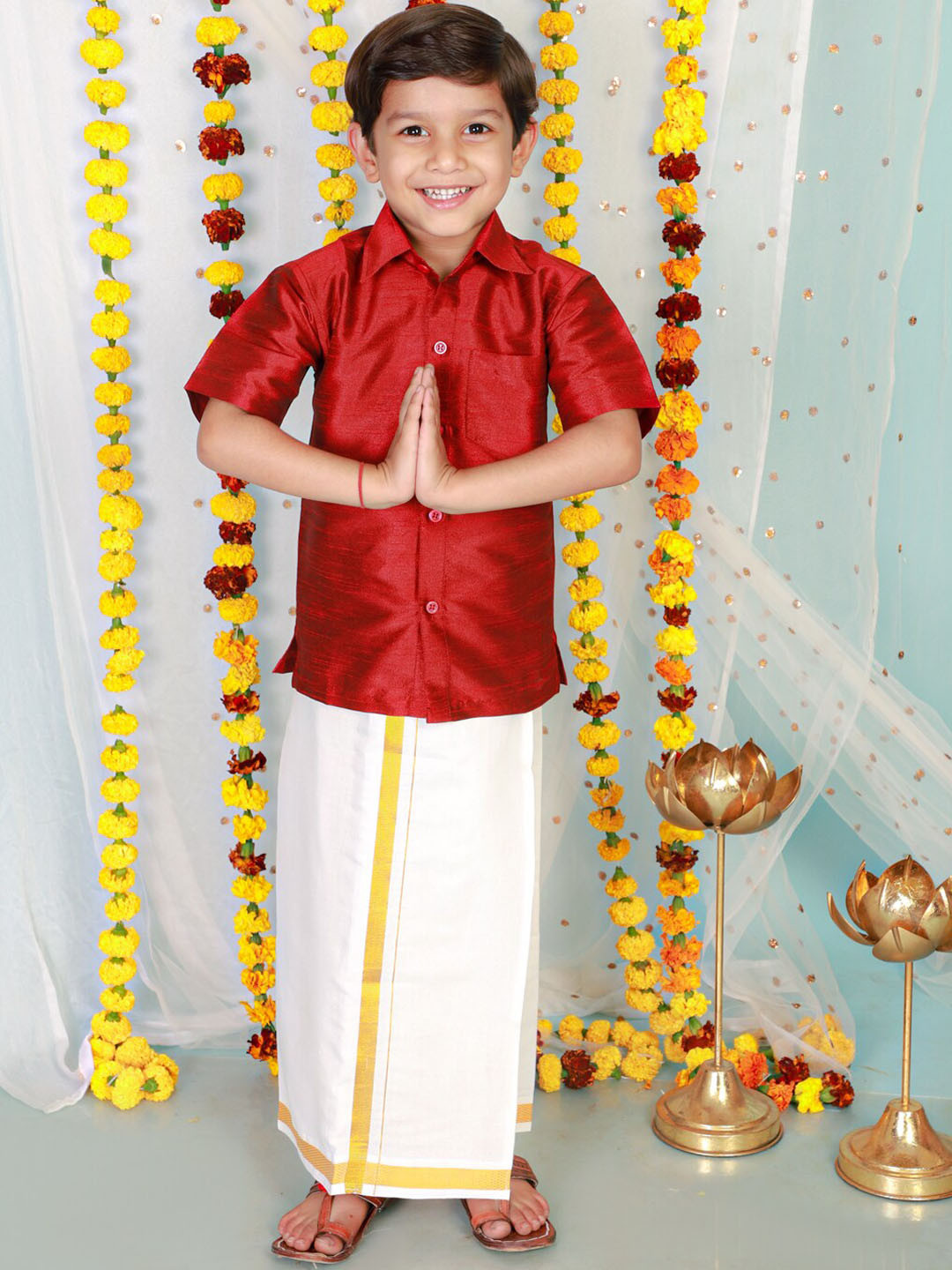 KID1 Boys Maroon & White Regular Shirt With Ready to Wear Veshti