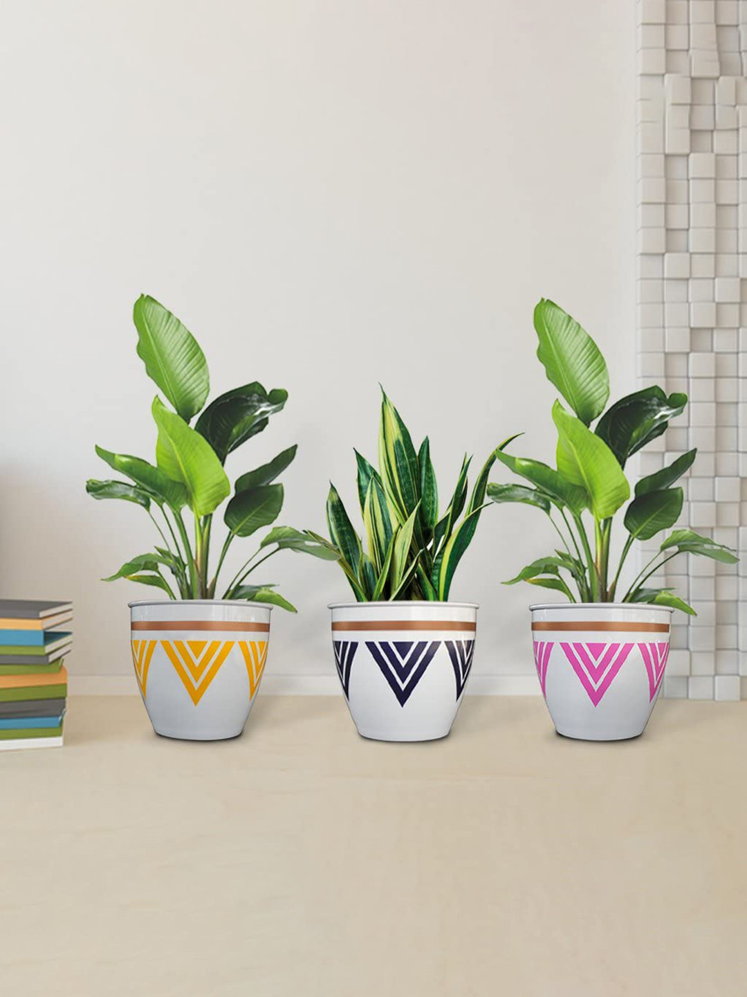 TRUSTBASKET Armour Set Of 3 White & Yellow Printed Planters