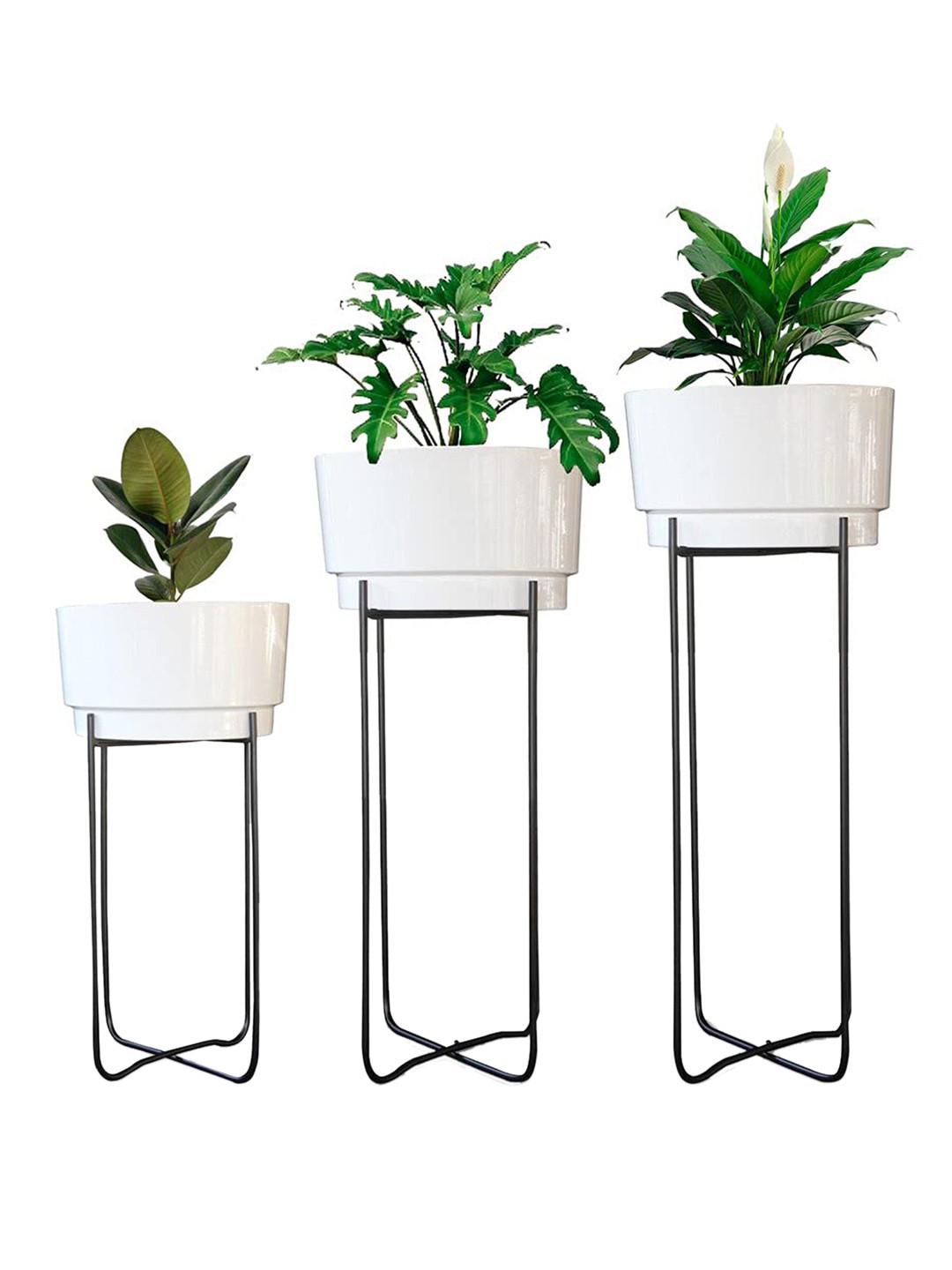 TRUSTBASKET Set Of 3 Creata Black & White Planters With Stand
