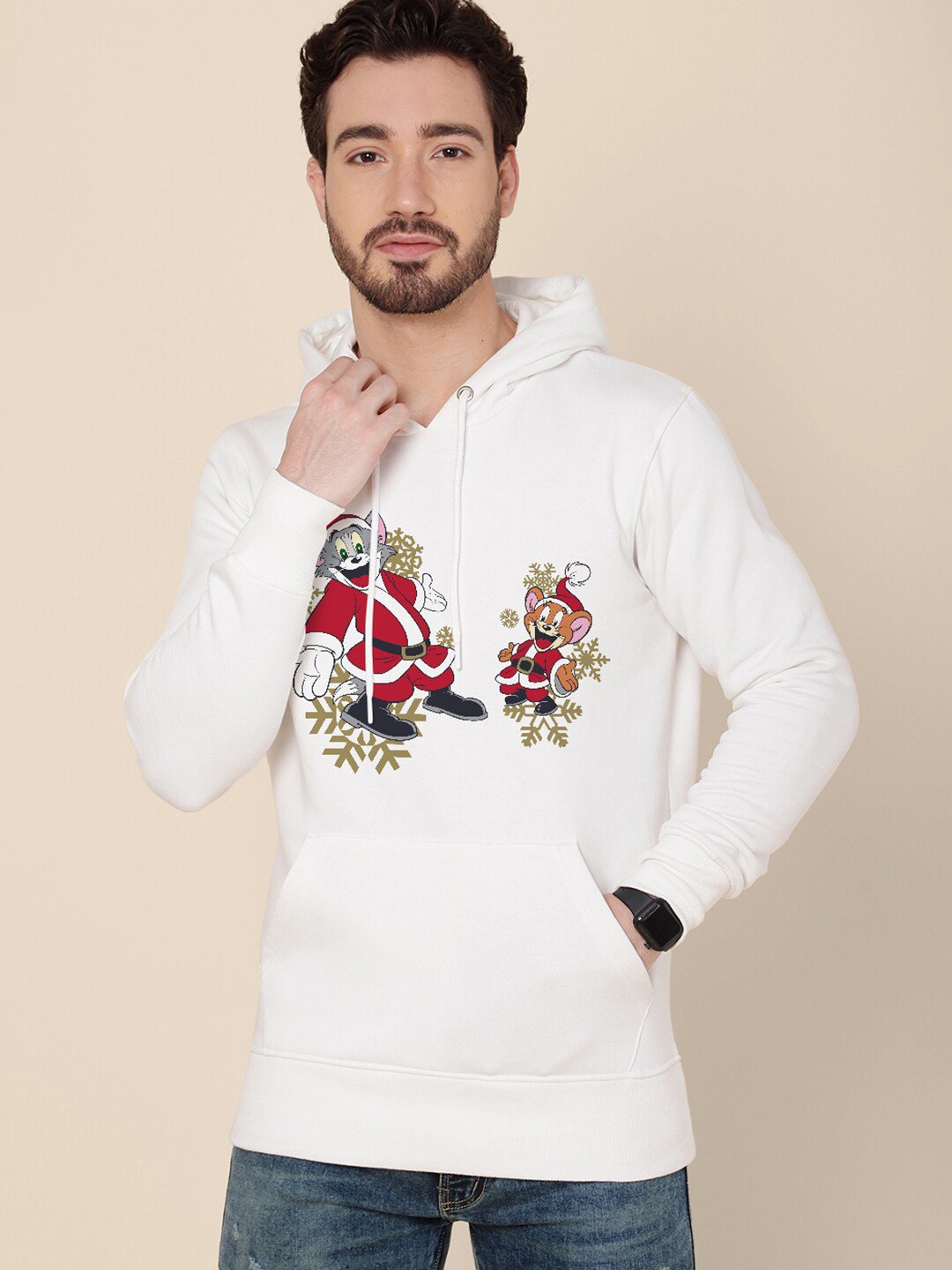 Free Authority Christmas Tom & Jerry Printed White Hoodie Sweatshirt