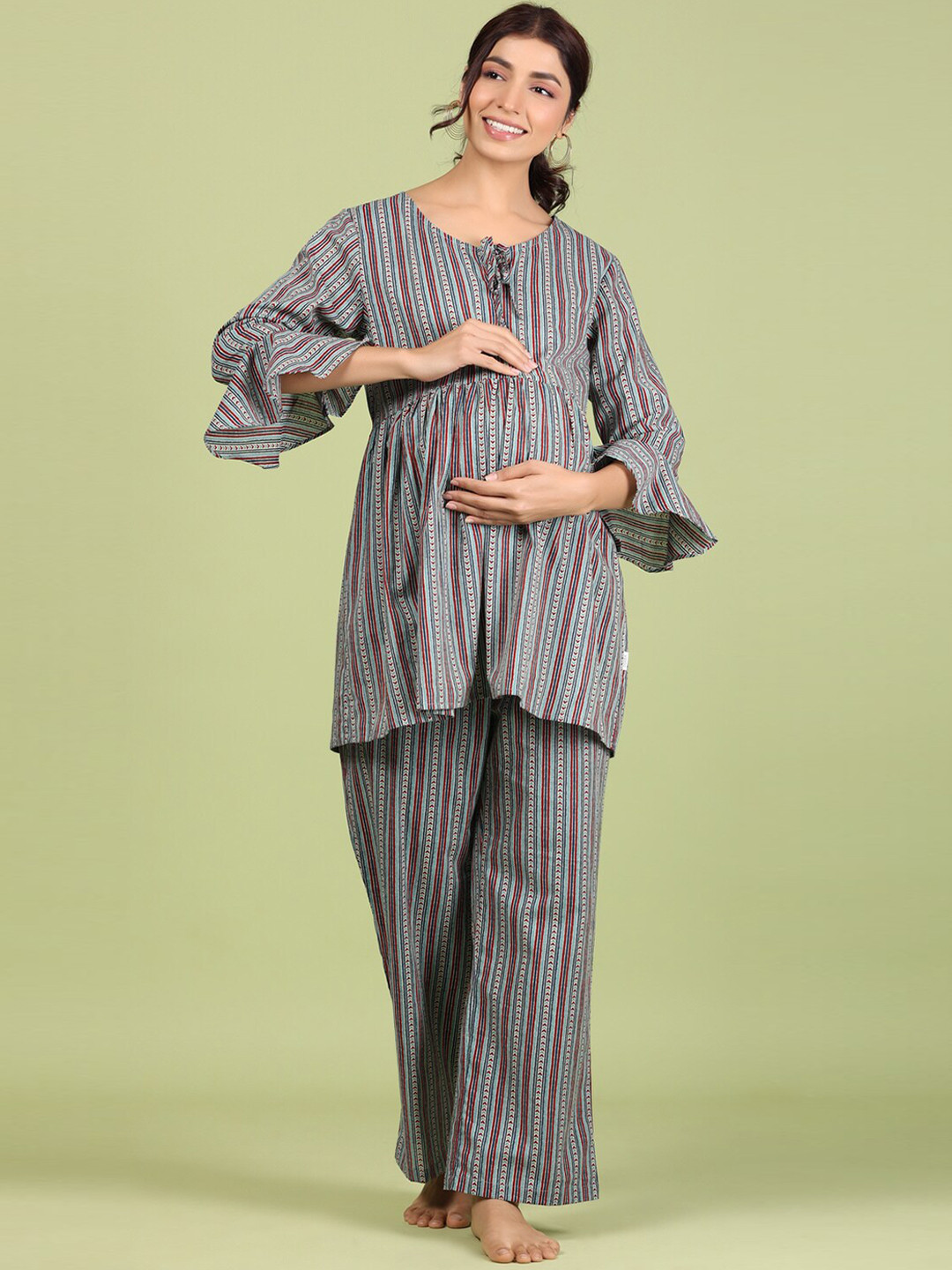 JISORA Women Printed Matenity Pure Cotton Night suit with Feeding Zips