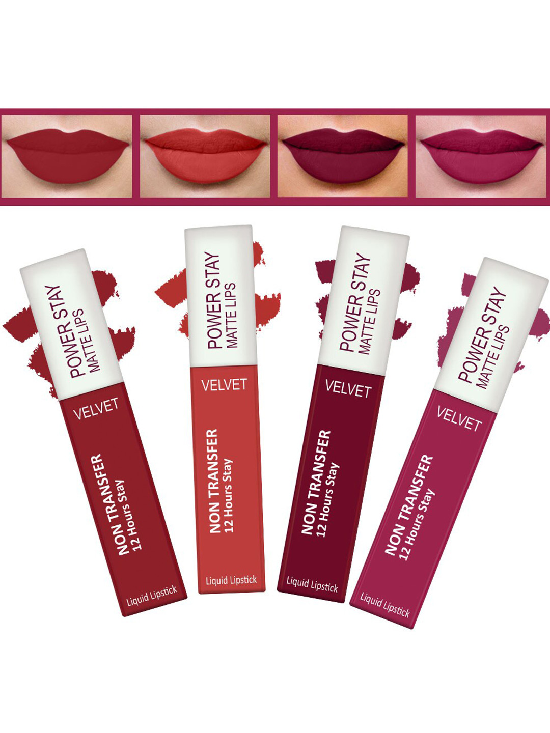 FORFOR Set of 4 Power Stay Matte Lips Non-Transfer 12 Hours Stay Velvet Matte Liquid Lipstick 4 ml Each- Peppy Red 22-Candy Red 01-Bridal Maroon 09-Pink Blush 10