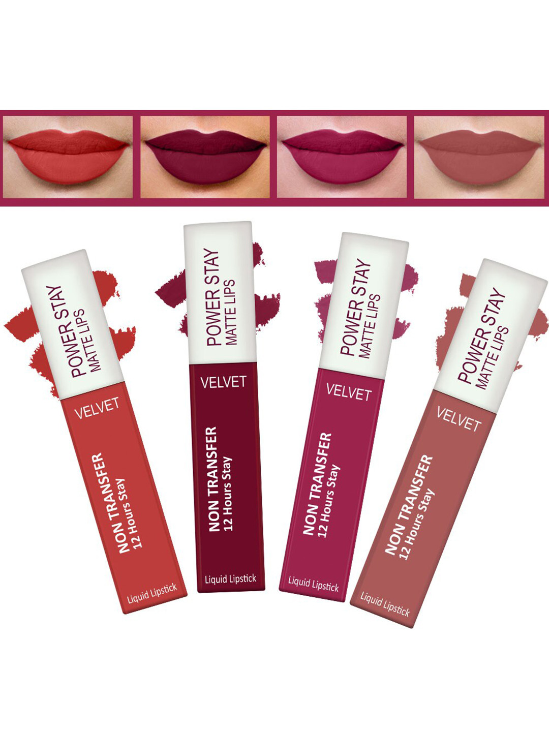 FORFOR Set of 4 Power Stay Matte Lips Non-Transfer 12 Hours Stay Velvet Matte Liquid Lipstick 4 ml Each- Candy Red 01-Bridal Maroon 09-Pink Blush 10-Sandy Nude 21
