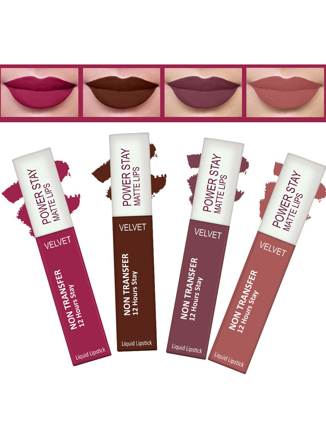 FORFOR Set of 4 Power Stay Matte Lips Non-Transfer 12 Hours Stay Velvet Matte Liquid Lipstick 4 ml Each- Pink Blush 10-Cocoa Brown 16-Mauve Matte 23-Sandy Nude 21