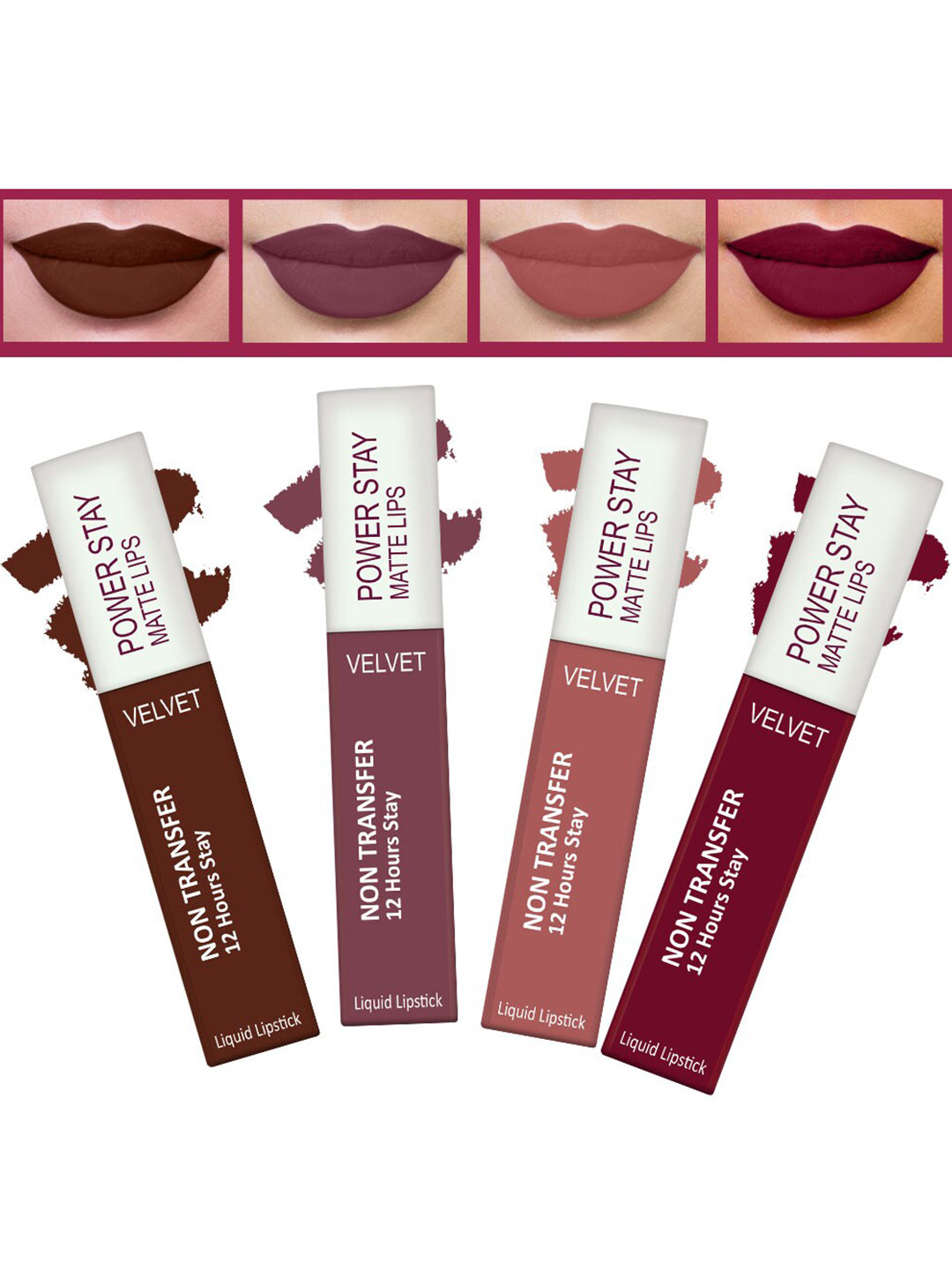FORFOR Set of 4 Power Stay Matte Lips Non-Transfer 12 Hours Stay Velvet Matte Liquid Lipstick 4 ml Each- Cocoa Brown 16-Mauve Matte 23-Sandy Nude 21-Bridal Maroon 09