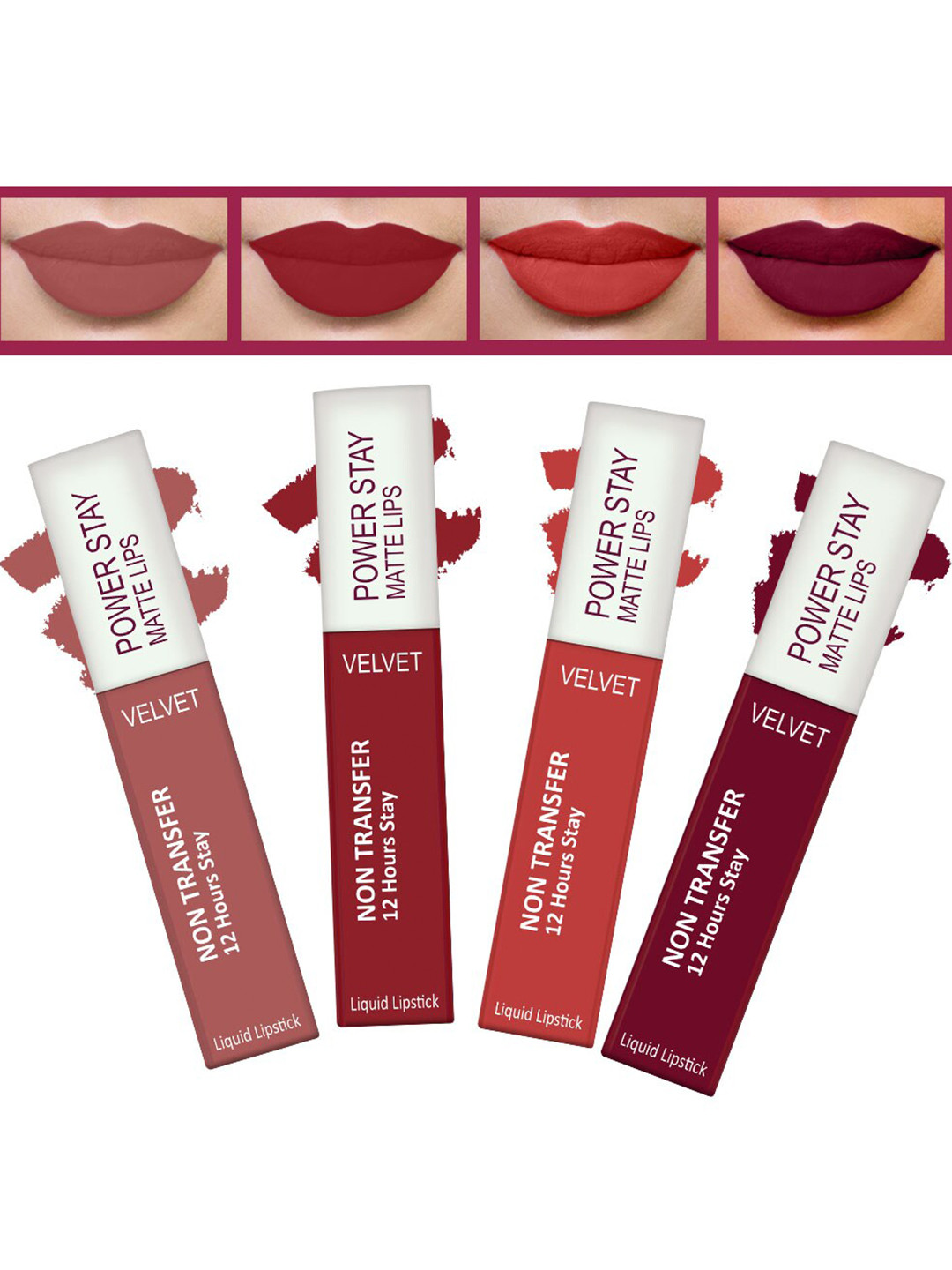 FORFOR Set of 4 Power Stay Matte Lips Non-Transfer 12 Hours Stay Velvet Matte Liquid Lipstick 4 ml Each- Sandy Nude 21-Peppy Red 22-Candy Red 01-Bridal Maroon 09