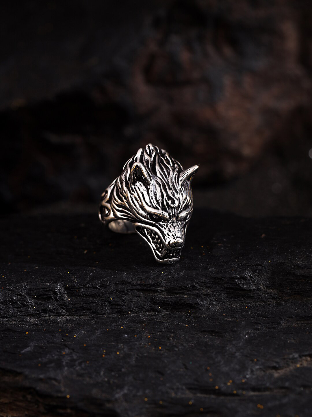VIRAASI Men Oxidized Stainless-Steel Wolf Design Bikers Finger Ring